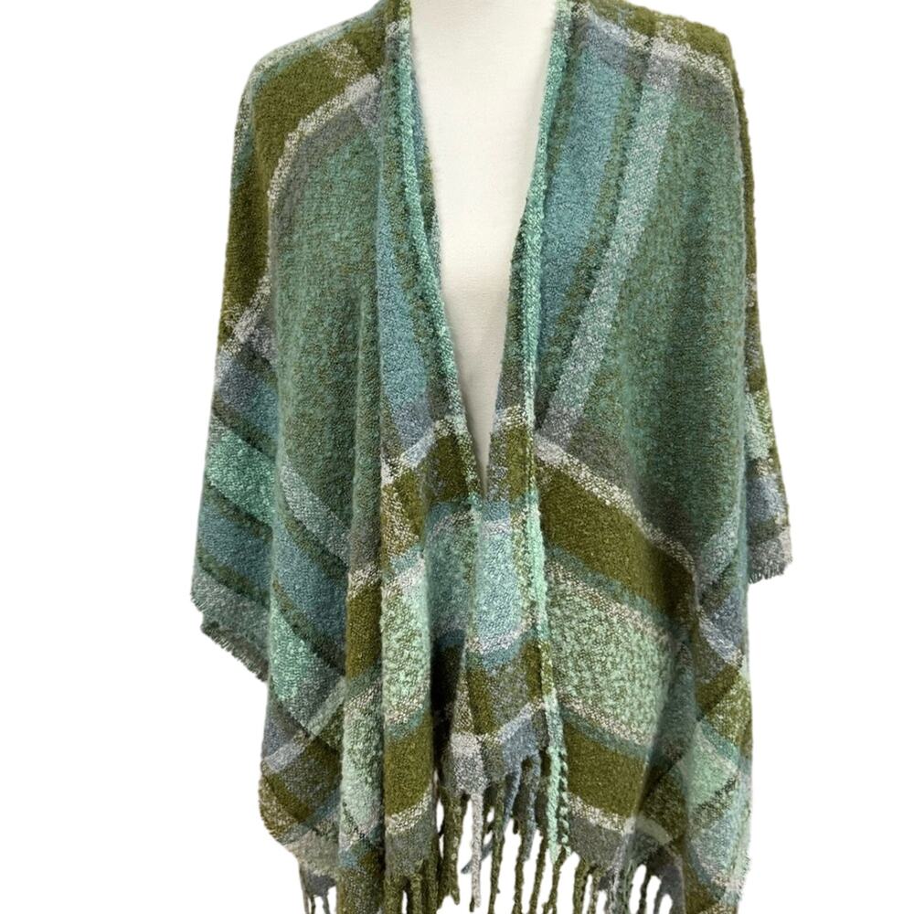 J Jill Green Plaid Fringe Cozy Boucle Rana Poncho Cape Womens OS Boho Fall - Picture 2 of 9